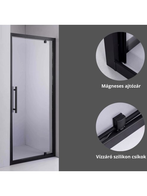Stuxi Torino Black 80 cm széles nyílóajtós zuhanyajtó 6 mm vastag vízlepergető biztonsági üveggel, fekete elemekkel, 200 cm magas