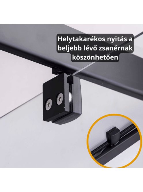 Stuxi Torino Black 80 cm széles nyílóajtós zuhanyajtó 6 mm vastag vízlepergető biztonsági üveggel, fekete elemekkel, 200 cm magas