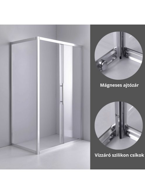 Stuxi Nizza aszimmetrikus szögletes tolóajtós zuhanykabin 6 mm vízlepergető biztonsági üveggel, króm elemekkel, 200 cm magas