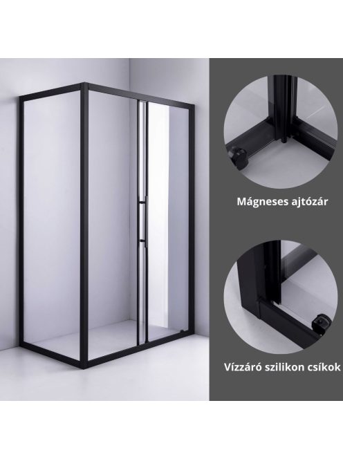 Stuxi Nizza Black 100x90 aszimmetrikus szögletes tolóajtós zuhanykabin 6 mm vízlepergető biztonsági üveggel, fekete elemekkel, 200 cm magas