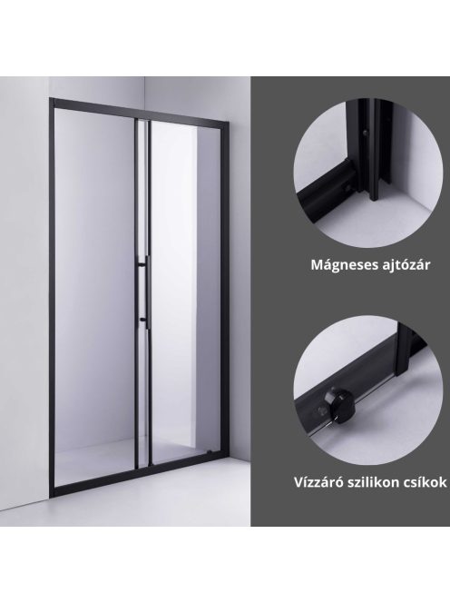Stuxi Nizza Black 100/110/120/130/140 cm széles toló zuhanyajtó 6 mm vastag vízlepergető biztonsági üveggel, fekete elemekkel, 200 cm magas