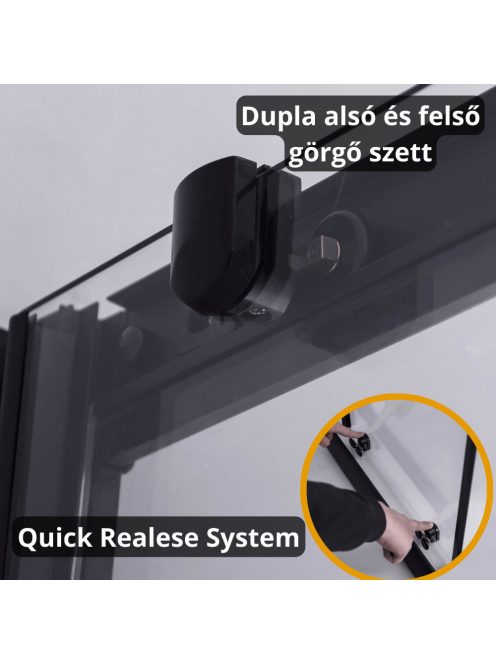 Stuxi Nizza Black 110 cm széles toló zuhanyajtó 6 mm vastag vízlepergető biztonsági üveggel, fekete elemekkel, 200 cm magas