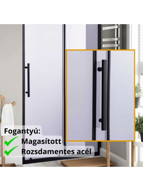 Stuxi Nizza Black 110 cm széles toló zuhanyajtó 6 mm vastag vízlepergető biztonsági üveggel, fekete elemekkel, 200 cm magas