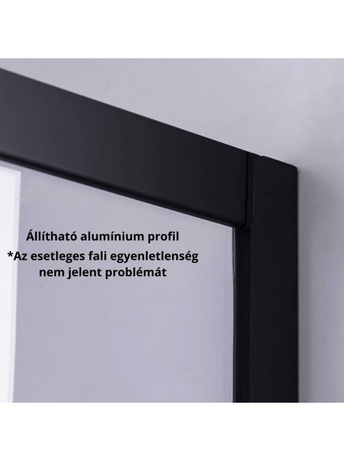 Stuxi Nizza Black 120x100 aszimmetrikus szögletes tolóajtós zuhanykabin 6 mm vízlepergető biztonsági üveggel, fekete elemekkel, 200 cm magas