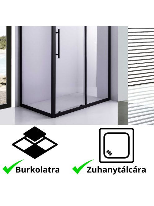 Stuxi Nizza Black 120x100 aszimmetrikus szögletes tolóajtós zuhanykabin 6 mm vízlepergető biztonsági üveggel, fekete elemekkel, 200 cm magas
