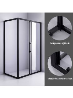   Stuxi Nizza Black 120x90 aszimmetrikus szögletes tolóajtós zuhanykabin 6 mm vízlepergető biztonsági üveggel, fekete elemekkel, 200 cm magas