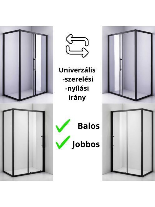 Stuxi Nizza Black 120x90 aszimmetrikus szögletes tolóajtós zuhanykabin 6 mm vízlepergető biztonsági üveggel, fekete elemekkel, 200 cm magas
