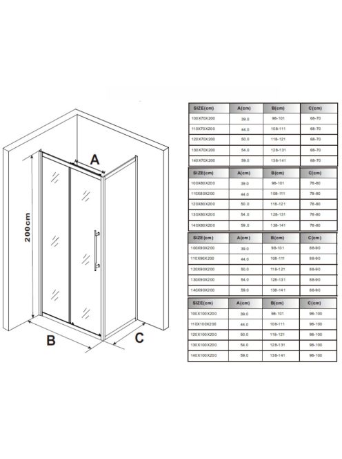 Stuxi Nizza Black 120x90 aszimmetrikus szögletes tolóajtós zuhanykabin 6 mm vízlepergető biztonsági üveggel, fekete elemekkel, 200 cm magas