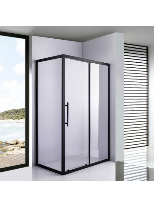 Stuxi Nizza Black 130x80 aszimmetrikus szögletes tolóajtós zuhanykabin 6 mm vízlepergető biztonsági üveggel, fekete elemekkel, 200 cm magas