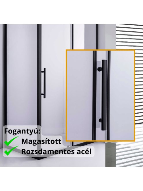 Stuxi Nizza Black 130x90 aszimmetrikus szögletes tolóajtós zuhanykabin 6 mm vízlepergető biztonsági üveggel, fekete elemekkel, 200 cm magas