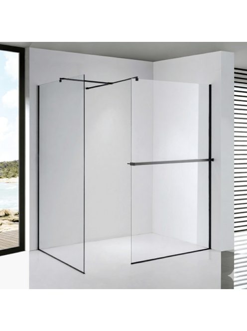 Stuxi Milano Easy Black Kombi Plus 1 Walk-in zuhanyfal, 110x130 cm, 8 mm vastag vízlepergető biztonsági üveggel, helytakarékos stabilizátorral, polccal