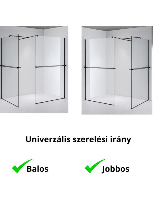 Stuxi Milano Kombi Plus 2 Black Walk-in zuhanyfal, 110x90 cm, 8 mm vastag vízlepergető biztonsági üveggel, 2 polccal és törölközőtartóval