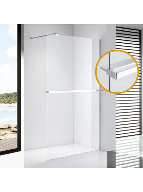 Stuxi Milano Plus Walk-in zuhanyfal, 110x200 cm, 8 mm vastag vízlepergető biztonsági üveggel, króm profillal, távtartóval, polccal és törölközőtartóval
