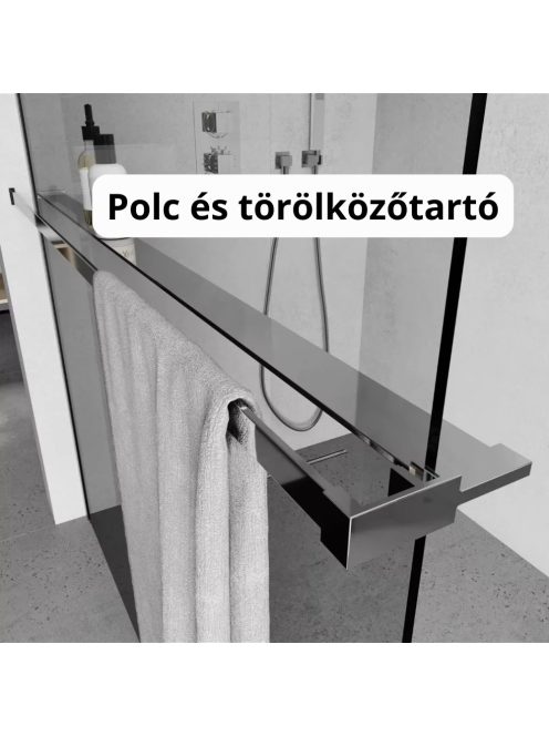Stuxi Milano Plus Walk-in zuhanyfal, 110x200 cm, 8 mm vastag vízlepergető biztonsági üveggel, króm profillal, távtartóval, polccal és törölközőtartóval