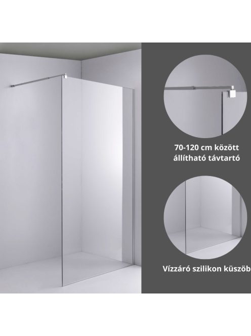 Stuxi Milano Walk-in zuhanyfal, 110x200 cm, 8 mm vastag vízlepergető biztonsági üveggel, króm profillal és távtartóval