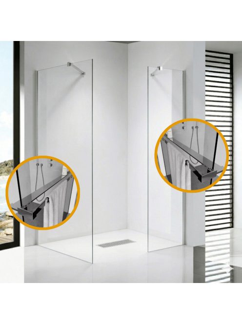 Stuxi Milano Easy Kombi Plus 2 Walk-in zuhanyfal, 130x110 cm, 8 mm vastag vízlepergető biztonsági üveggel, helytakarékos stabilizátorral, 2 polccal