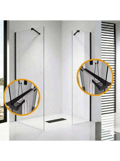 Stuxi Milano Easy Black Kombi Plus 2 Walk-in zuhanyfal, 140x140 cm, 8 mm vastag vízlepergető biztonsági üveggel, helytakarékos stabilizátorral, 2 polccal