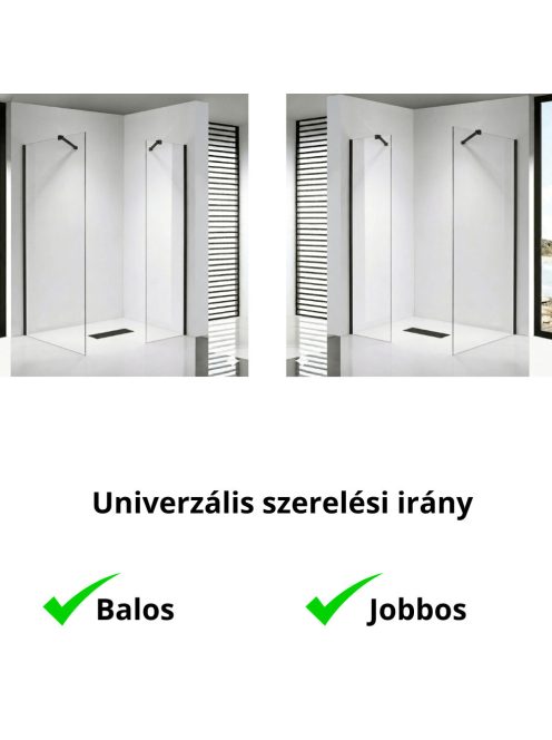 Stuxi Milano Easy Black Kombi Plus 2 Walk-in zuhanyfal, 140x140 cm, 8 mm vastag vízlepergető biztonsági üveggel, helytakarékos stabilizátorral, 2 polccal