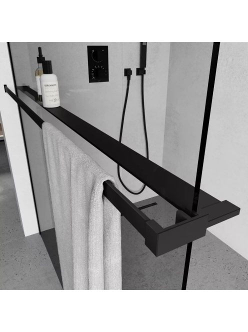 Stuxi Milano Easy Black Kombi Plus 1 Walk-in zuhanyfal, 140x140 cm, 8 mm vastag vízlepergető biztonsági üveggel, helytakarékos stabilizátorral, polccal