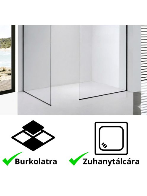 Stuxi Milano Easy Black Kombi Plus 2 Walk-in zuhanyfal, 70x80 cm, 8 mm vastag vízlepergető biztonsági üveggel, helytakarékos stabilizátorral, 2 polccal