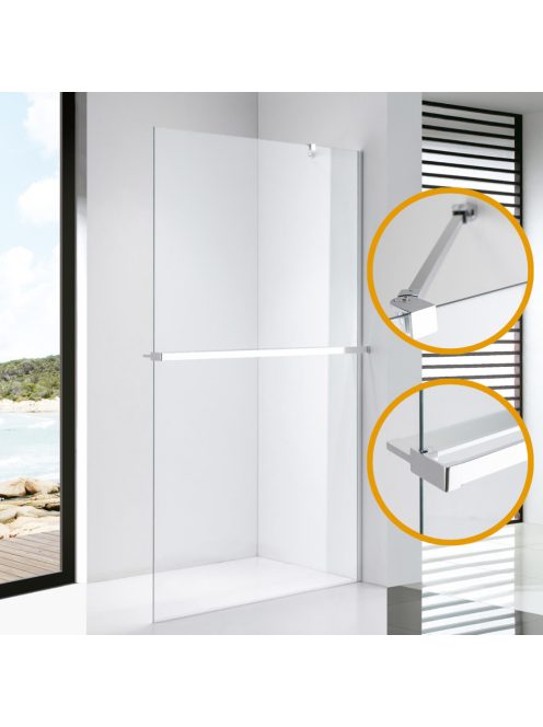 Stuxi Milano Easy Plus Walk-in zuhanyfal, 70x200 cm, 8 mm vastag vízlepergető üveggel, helytakarékos stabilizátorral, polccal, törölközőtartóval