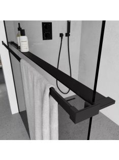   Stuxi Milano Easy Black Kombi Plus 1 Walk-in zuhanyfal, 80x90 cm, 8 mm vastag vízlepergető biztonsági üveggel, helytakarékos stabilizátorral, polccal
