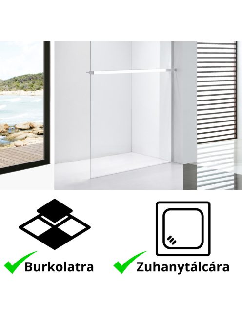 Stuxi Milano Plus Walk-in zuhanyfal, 80x200 cm, 8 mm vastag vízlepergető biztonsági üveggel, króm profillal, távtartóval, polccal és törölközőtartóval