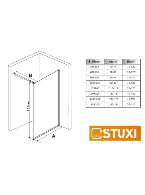 Stuxi Milano Walk-in zuhanyfal, 80x200 cm, 8 mm vastag vízlepergető biztonsági üveggel, króm profillal és távtartóval