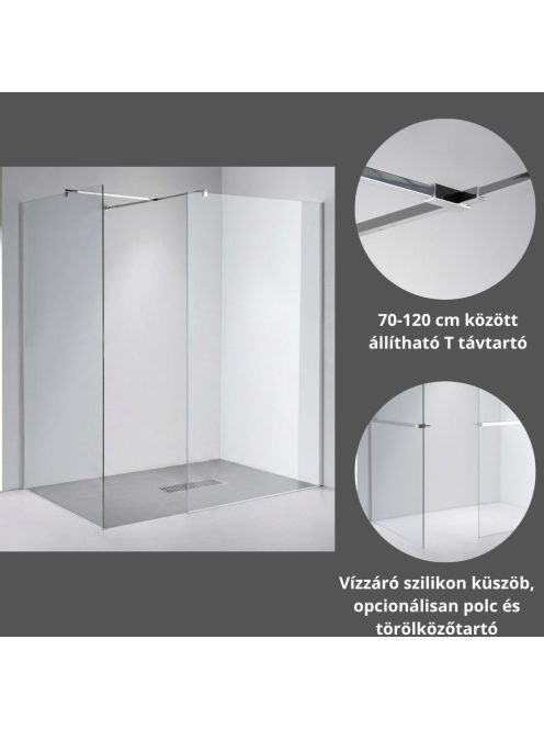 Stuxi Milano Kombi Plus 2 Walk-in zuhanyfal, 90x110 cm, 8 mm vastag vízlepergető biztonsági üveggel, 2 polccal és törölközőtartóval