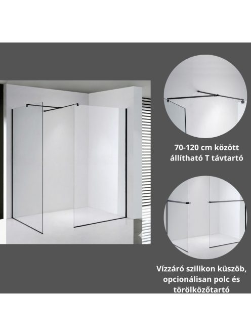 Stuxi Milano Kombi Plus 2 Black Walk-in zuhanyfal, 90x90 cm, 8 mm vastag vízlepergető biztonsági üveggel, 2 polccal és törölközőtartóval