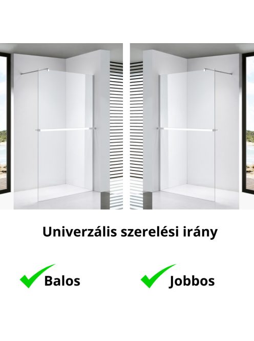 Stuxi Milano Plus Walk-in zuhanyfal, 90x200 cm, 8 mm vastag vízlepergető biztonsági üveggel, króm profillal, távtartóval, polccal és törölközőtartóval