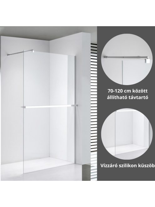 Stuxi Milano Plus Walk-in zuhanyfal, 90x200 cm, 8 mm vastag vízlepergető biztonsági üveggel, króm profillal, távtartóval, polccal és törölközőtartóval