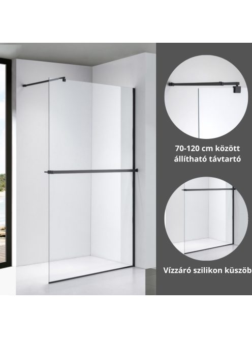Stuxi Milano Plus Black Walk-in zuhanyfal, 110x200 cm, 8 mm vastag vízlepergető biztonsági üveggel, matt fekete profillal, távtartóval, polccal és törölközőtartóval