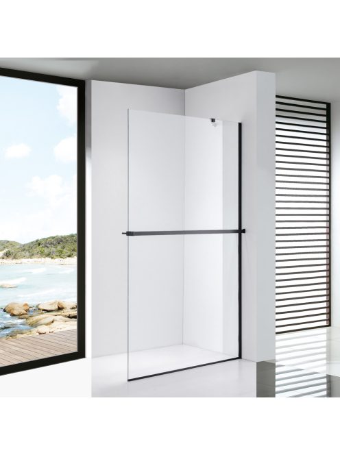 Stuxi Milano Easy Plus Black Walk-in zuhanyfal, 110x200 cm, 8 mm vastag vízlepergető üveggel, helytakarékos stabilizátorral, polccal, törölközőtartóval