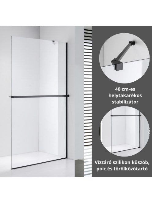 Stuxi Milano Easy Plus Black Walk-in zuhanyfal, 110x200 cm, 8 mm vastag vízlepergető üveggel, helytakarékos stabilizátorral, polccal, törölközőtartóval