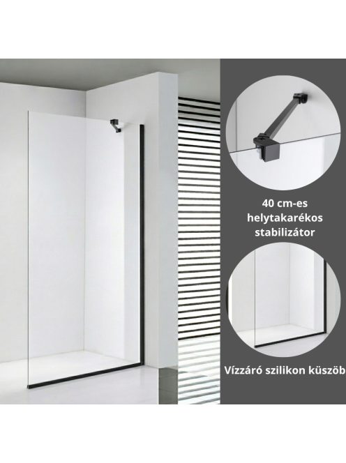 Stuxi Milano Easy Black Walk-in zuhanyfal, 110x200 cm, 8 mm vastag vízlepergető biztonsági üveggel, helytakarékos stabilizátorral
