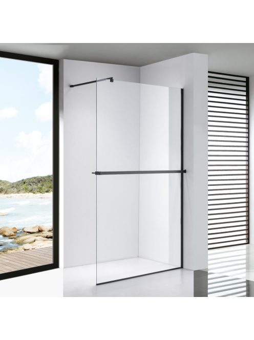 Stuxi Milano Plus Black Walk-in zuhanyfal, 120x200 cm, 8 mm vastag vízlepergető biztonsági üveggel, matt fekete profillal, távtartóval, polccal és törölközőtartóval