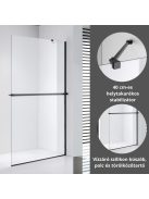 Stuxi Milano Easy Plus Black Walk-in zuhanyfal, 120x200 cm, 8 mm vastag vízlepergető üveggel, helytakarékos stabilizátorral, polccal, törölközőtartóval