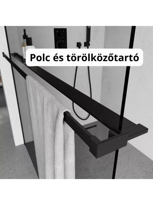 Stuxi Milano Plus Black Walk-in zuhanyfal, 130x200 cm, 8 mm vastag vízlepergető biztonsági üveggel, matt fekete profillal, távtartóval, polccal és törölközőtartóval