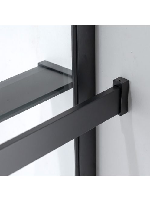Stuxi Milano Plus Black Walk-in zuhanyfal, 130x200 cm, 8 mm vastag vízlepergető biztonsági üveggel, matt fekete profillal, távtartóval, polccal és törölközőtartóval