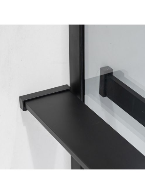 Stuxi Milano Easy Plus Black Walk-in zuhanyfal, 130x200 cm, 8 mm vastag vízlepergető üveggel, helytakarékos stabilizátorral, polccal, törölközőtartóval