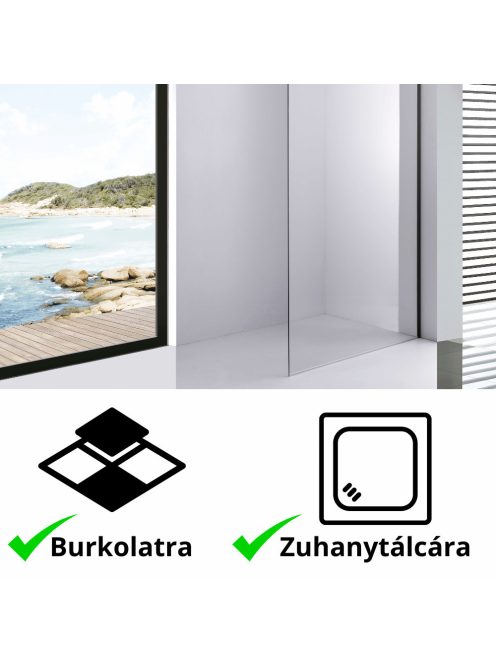 Stuxi Milano Black Walk-in zuhanyfal, 130x200 cm, 8 mm vastag vízlepergető biztonsági üveggel, fekete profillal és távtartóval