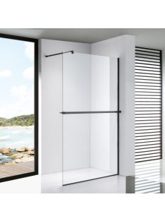   Stuxi Milano Plus Black Walk-in zuhanyfal, 140x200 cm, 8 mm vastag vízlepergető biztonsági üveggel, matt fekete profillal, távtartóval, polccal és törölközőtartóval