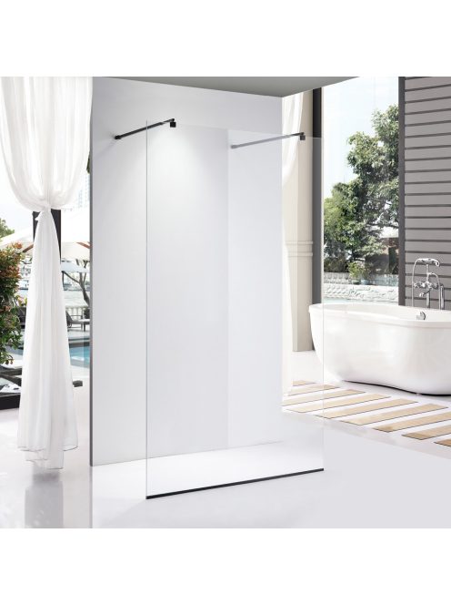 Stuxi Milano Light Black falsíkra szerelhető Walk-in zuhanyfal, 140x200 cm, 8 mm vastag vízlepergető biztonsági üveggel, két távtartóval
