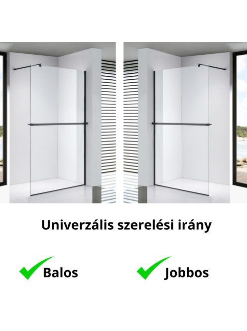Stuxi Milano Plus Black Walk-in zuhanyfal, 70x200 cm, 8 mm vastag vízlepergető biztonsági üveggel, matt fekete profillal, távtartóval, polccal és törölközőtartóval