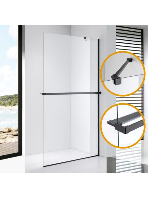 Stuxi Milano Easy Plus Black Walk-in zuhanyfal, 70x200 cm, 8 mm vastag vízlepergető üveggel, helytakarékos stabilizátorral, polccal, törölközőtartóval