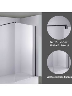   Stuxi Milano Black Walk-in zuhanyfal 8 mm vastag vízlepergető biztonsági üveggel, 200 cm magas, fekete profillal és távtartóval