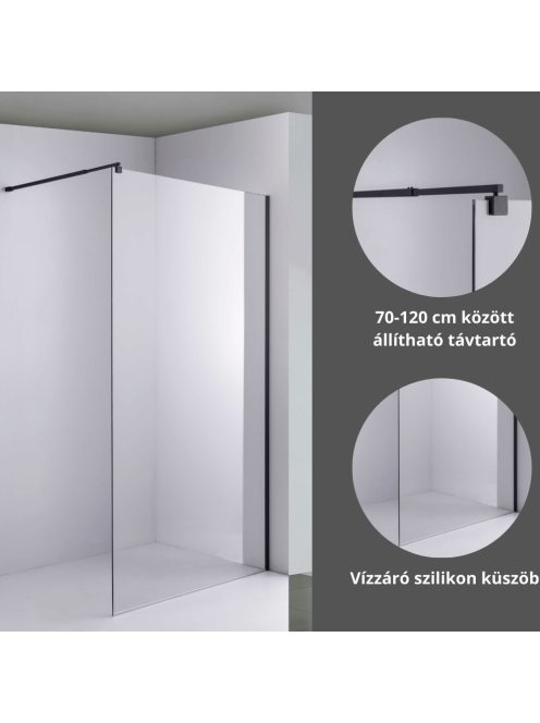 Stuxi Milano Black Walk-in zuhanyfal 8 mm vastag vízlepergető biztonsági üveggel, 200 cm magas, fekete profillal és távtartóval