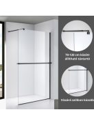 Stuxi Milano Plus Black Walk-in zuhanyfal, 80x200 cm, 8 mm vastag vízlepergető biztonsági üveggel, matt fekete profillal, távtartóval, polccal és törölközőtartóval