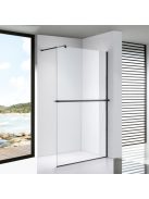 Stuxi Milano Plus Black Walk-in zuhanyfal, 90x200 cm, 8 mm vastag vízlepergető biztonsági üveggel, matt fekete profillal, távtartóval, polccal és törölközőtartóval